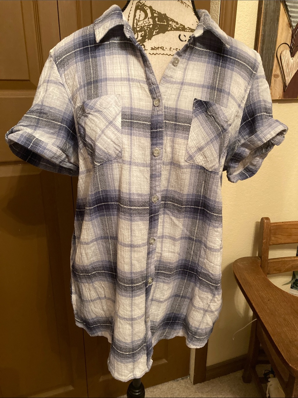 WESTPORT 1962 Plaid & Lace Trim Short Sleeve Button Up Shirt/Top EUC
